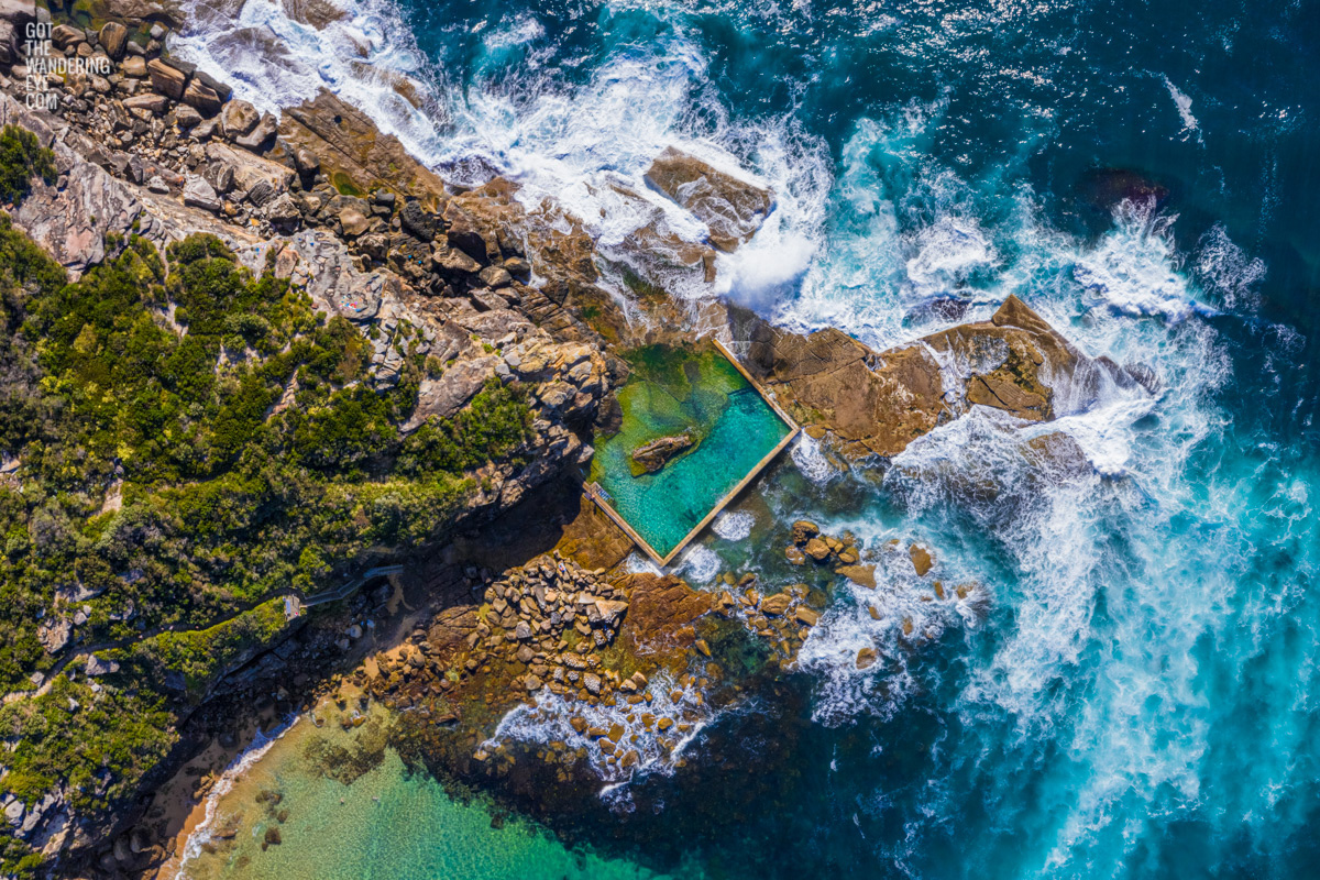 Aerial oceanscape above North Curl Curl Rockpool. Beach, ocean, rockpool, oceanpool, northern beaches.