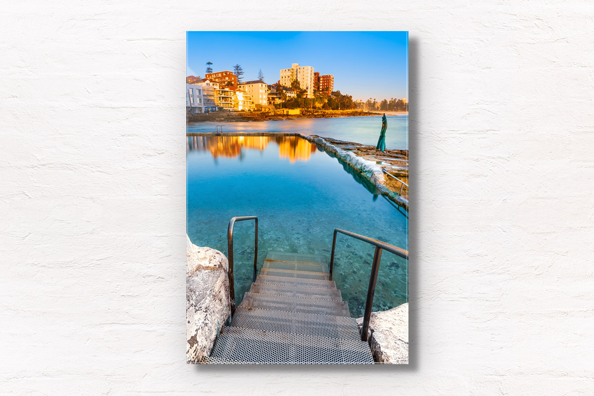 Fine art framed print of a sunrise reflections on Fairy Bower Ocean Rockpool, Manly. Beach, morning, northern beaches.