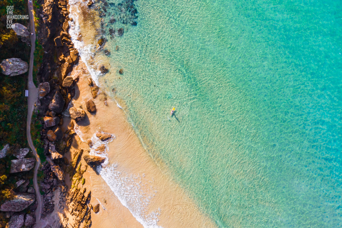 Aerial seascape above Freshwater Beach of a man on paddleboard enjoying the crystal clear ocean.