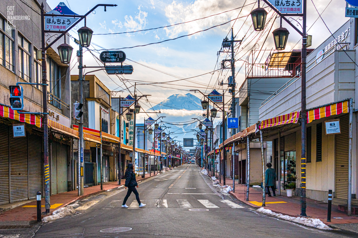 Wandering Shimoyoshida Honcho Street Fujiyoshida, with Mount Fuji in the distance.