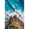 Aerial oceanscape above Marine Parade in Manly. Waves, ocean, beach rocks, walking path