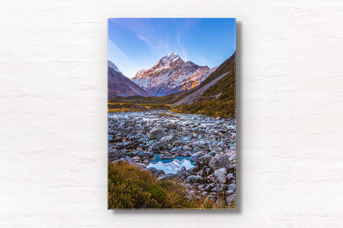 Fine art framed print of a sunkissed Mount Cook puddle lake reflection in Hooker Valley, New Zealand
