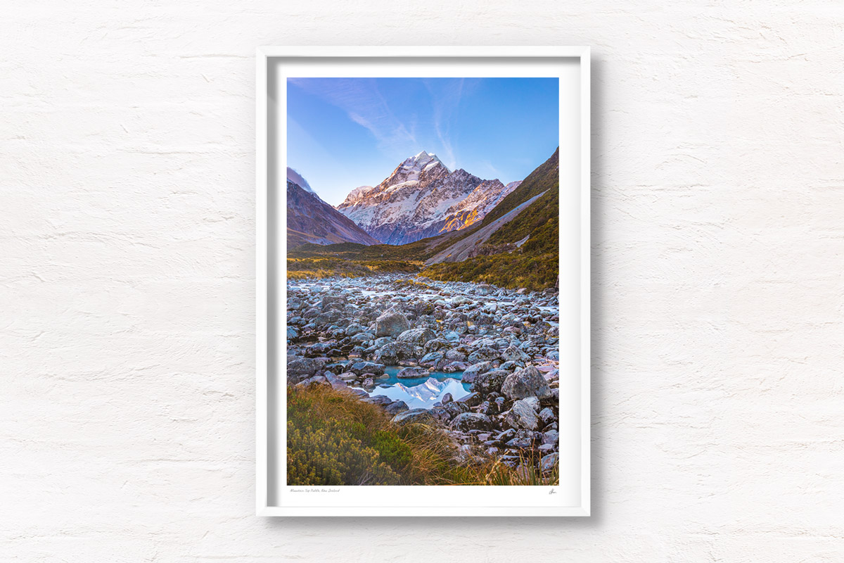Fine art framed print of a sunkissed Mount Cook puddle lake reflection in Hooker Valley, New Zealand