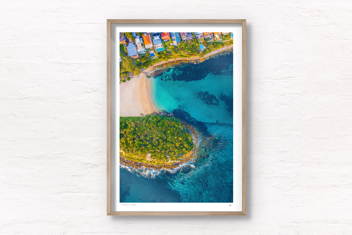 Fine Art Prints of aerial oceanscape above Cabbage tree Bay aquatic reserve, Shelly Beach, Manly. Ocean, beach, Sydney.