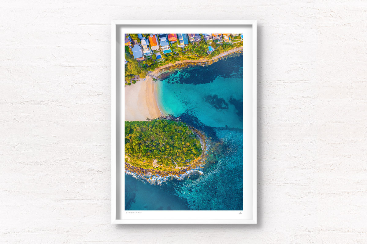 Fine Art Prints of aerial oceanscape above Cabbage tree Bay aquatic reserve, Shelly Beach, Manly. Ocean, beach, Sydney.