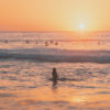 Surfers and woman watching sun rise over Bondi Beach. Silhouettes, golden beach, beautiful Bondi, Sydney Australia