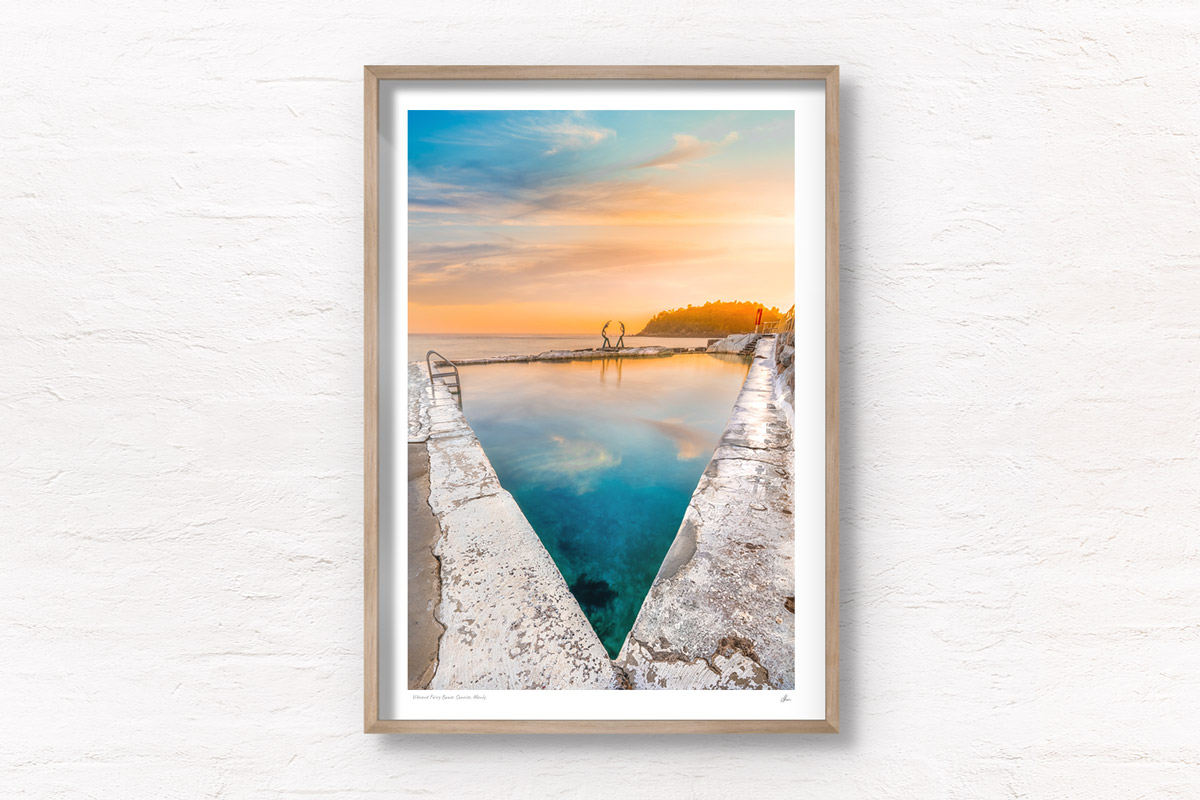 Fine art framed print of a sunrise reflections on Fairy Bower Ocean Rockpool, Manly. Beach, morning, northern beaches. Oceandies – Sea Nymphs sculpture by Helen Leete