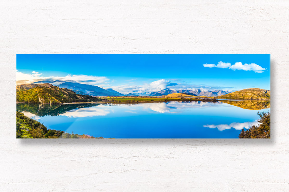 Buy fine art framed prints of a panoramic landscape of Lake Wanaka mountain reflections at Glendu Bay, Wanaka, New Zealand.