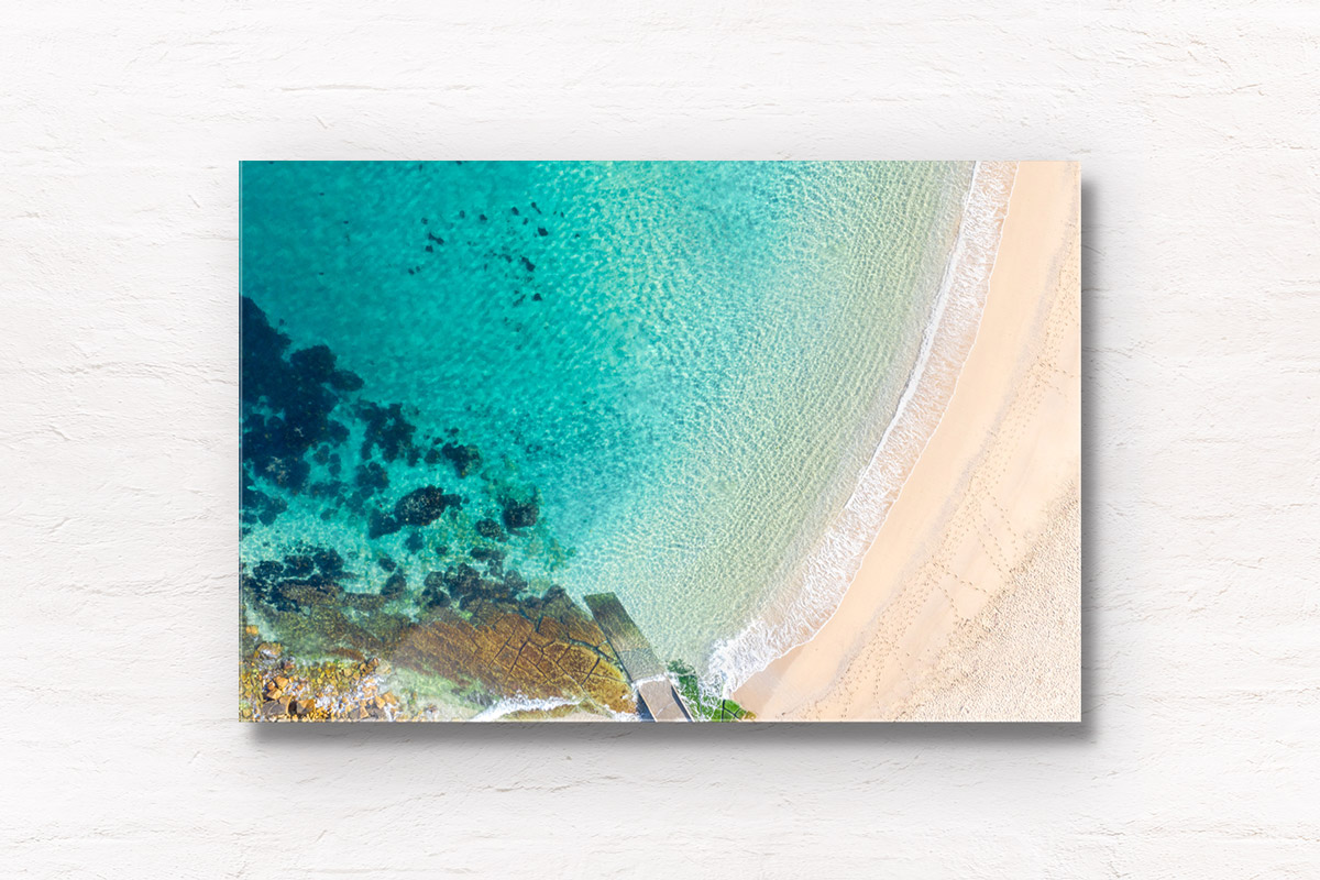 Fine art frame print of an aerial seascape above a crystal clear Summers day morning at Shelly Beach, Manly. Summer, Beach, ocean, beachvibes, Manly