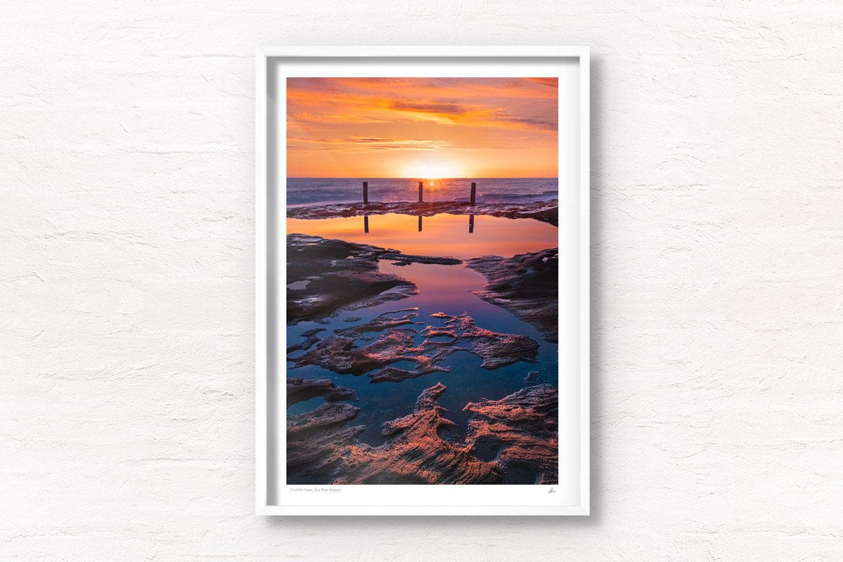 Buy fine art framed print of spectacular golden sunrise at Ivor Rowe Rock Pool, Coogee, Sydney by Allan Chan