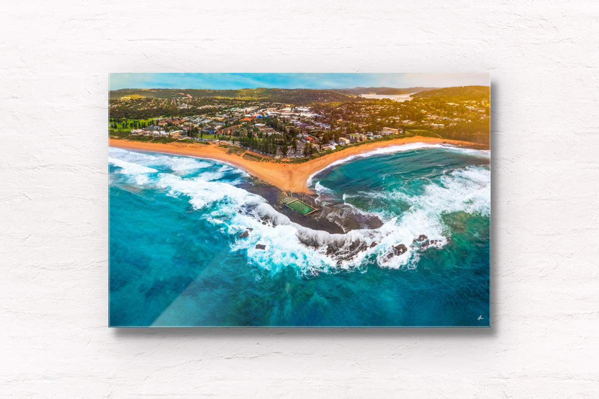 Aerial seascape of the northern beaches best ocean rockpool. Mona Vale ocean rockpool, by Allan Chan