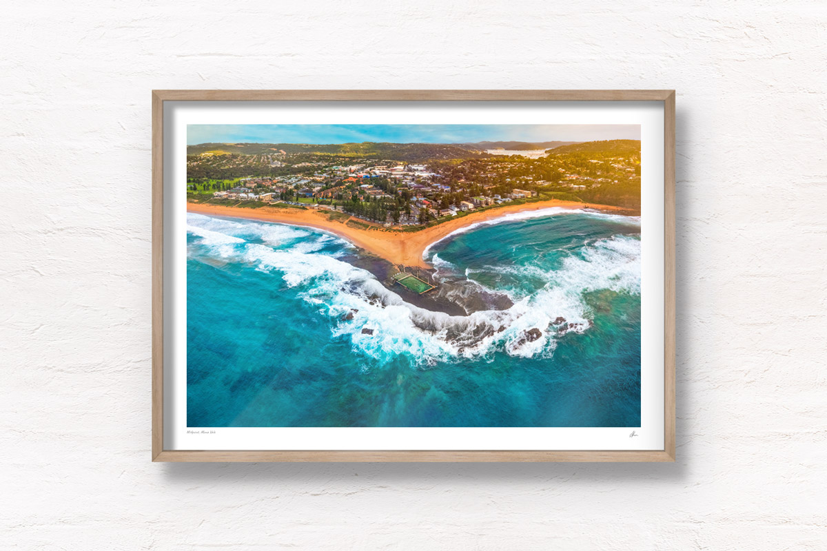 Aerial seascape of the northern beaches best ocean rockpool. Mona Vale ocean rockpool, by Allan Chan