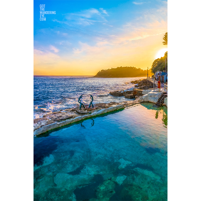 Buy fine art framed prints of a aerial seascape above Fairy Bower Rockpool at Sunrise. Manly, Sydney by Allan Chan