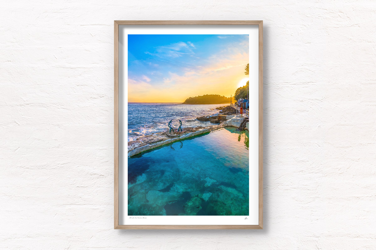 Buy fine art framed prints of a aerial seascape above Fairy Bower Rockpool at Sunrise. Manly, Sydney by Allan Chan