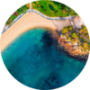 Ocean Aerial Balmoral Beach. ChromaLuxe round metal prints of Sydneys beaches. Aerial oceanscape above Balmoral Beach promenade in the morning. Wall art delivered and ready to hang.