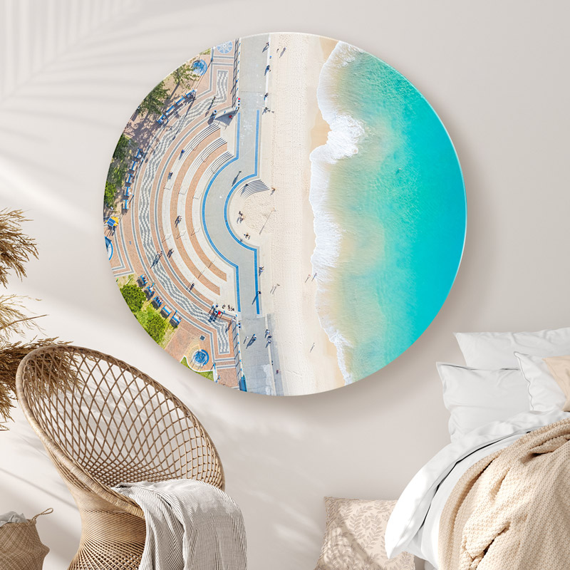 ChromaLuxe round metal wall art ocean prints. Aerial oceanscape above Coogee Beach promenade.