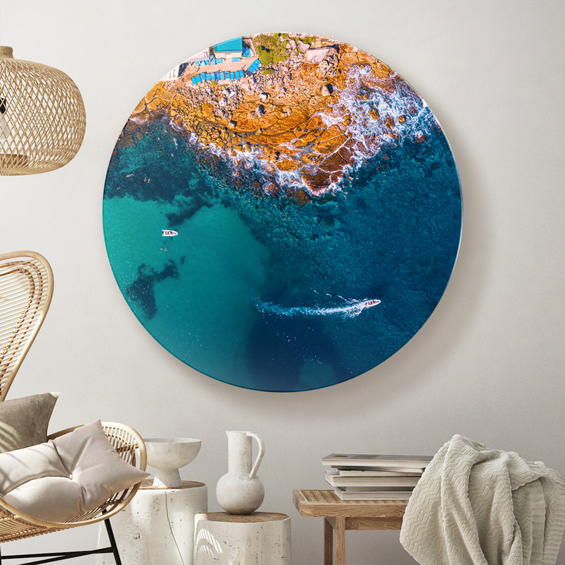 ChromaLuxe round metal wall art ocean prints. Aerial oceanscape above North Bondi Beach boats and swimmers. Wall art delivered and ready to hang.