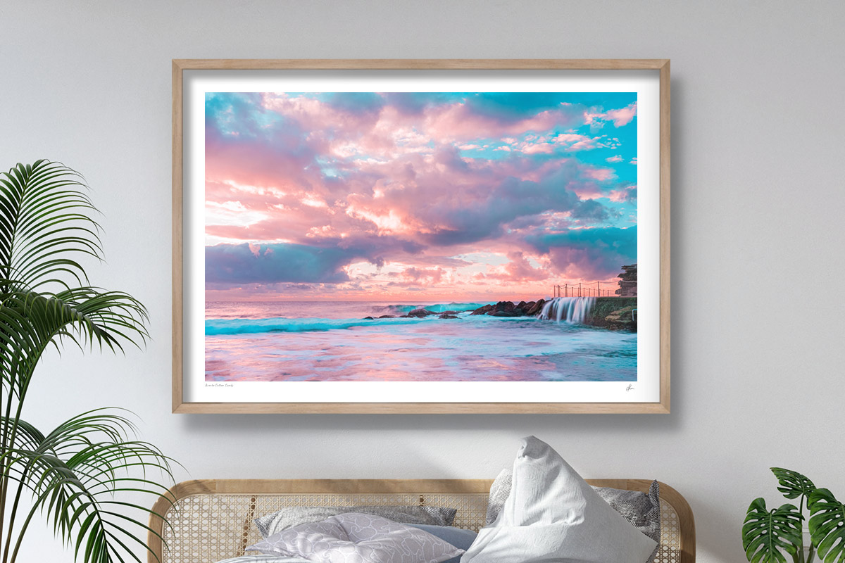 Print Framing Options. Oak wood shadow box framed print. Puffy cotton candy coloured clouds during sunrise at Bronte Baths Rockpool. 