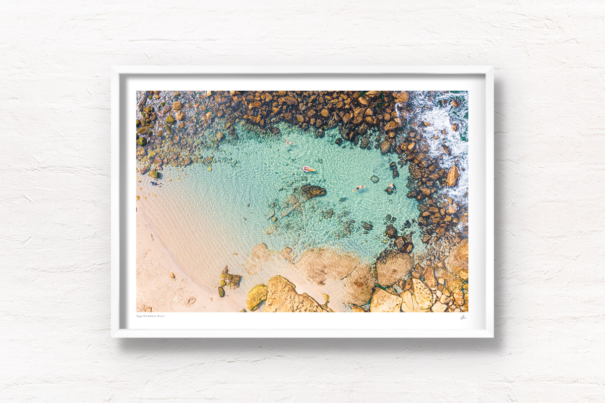 Buy white framed wall art prints. Swimmers floating in crystal clear waters of Bronte Beach Bogey Hole