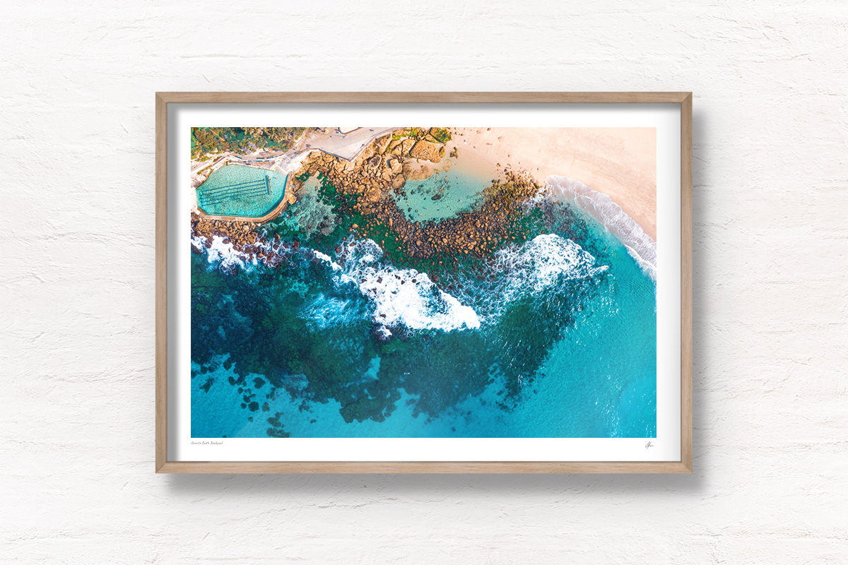 Buy oak framed wall art prints. Crystal clear blue waters of Bronte beach baths and rockpool on a clear beautiful day.