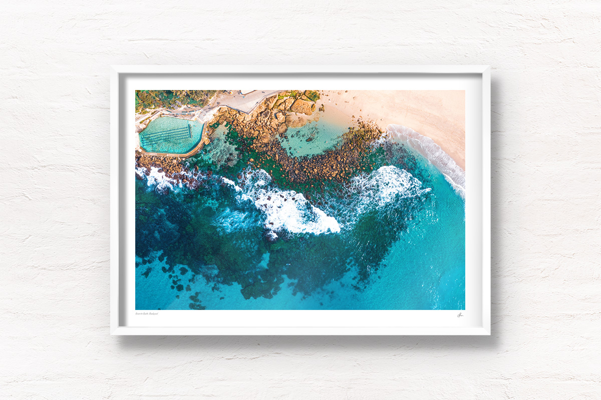 Buy white framed wall art prints. Crystal clear blue waters of Bronte beach baths and rockpool on a clear beautiful day.