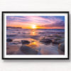 Framed wall print of a swimmer enjoying a beautiful purple sky sunrise over the Bogey Hole at Bronte Beach