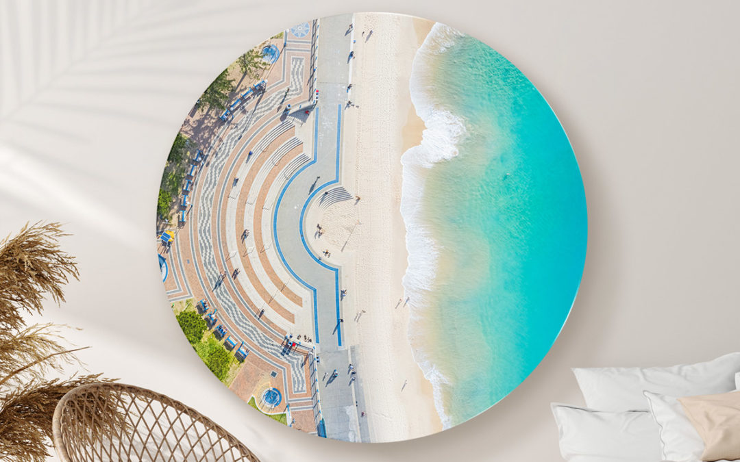 Print Framing Options. ChromaLuxe round metal print. Glossy, lightweight, modern unique. Aerial photography Coogee Beach Print.