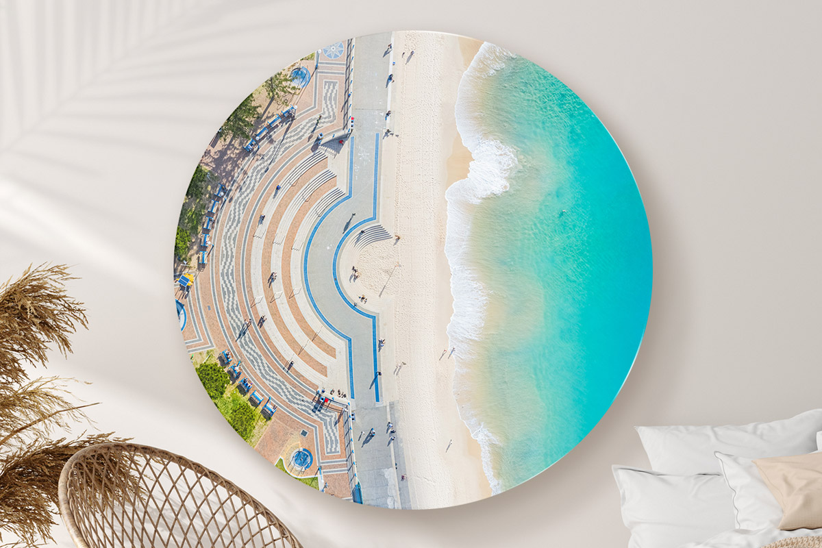 Print Framing Options. ChromaLuxe round metal print. Glossy, lightweight, modern unique. Aerial photography Coogee Beach Print.