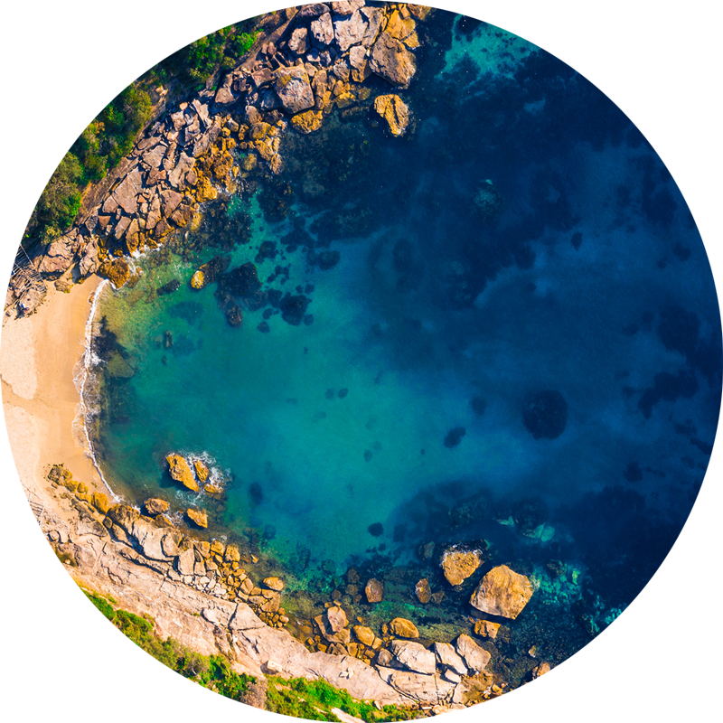 Ocean Aerial Gordons Bay. ChromaLuxe round metal print of secluded Gordons Bay, Coogee..