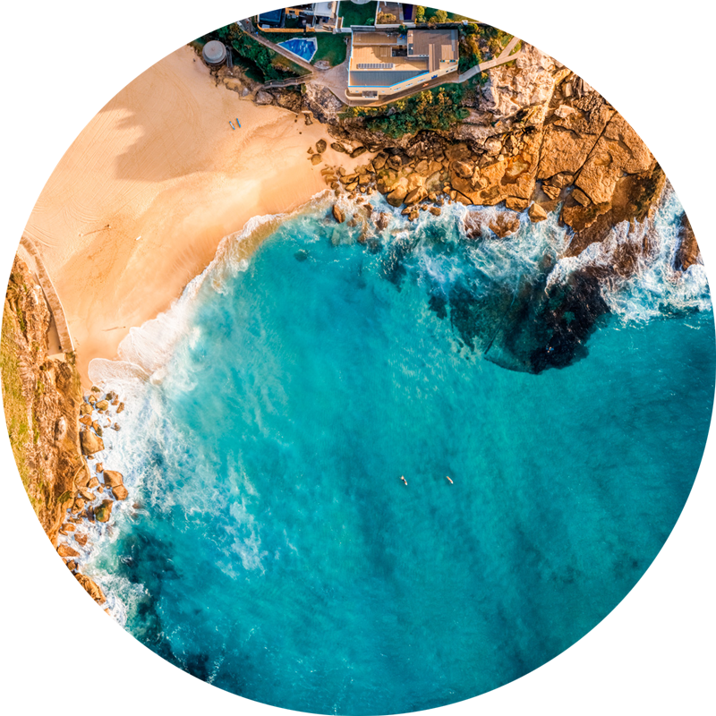 Ocean Aerial Tamarama Beach. ChromaLuxe round metal print of Tamarama Beach.