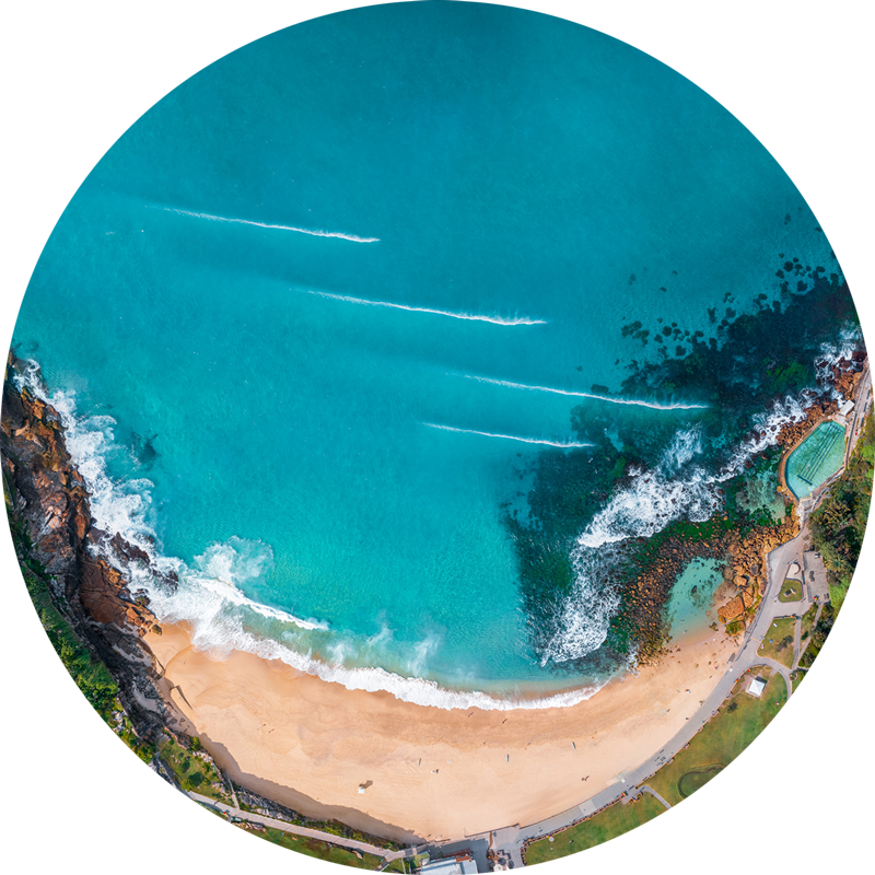 Ocean Aerial Bronte Beach. High above Bronte Beach. Printed on circular HD ChromaLuxe Metal.