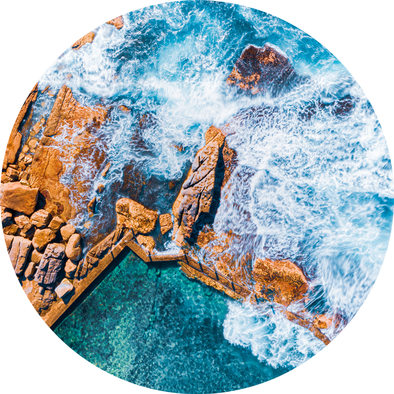 Ocean Aerial Mahon Pool. ChromaLuxe metal circle print.