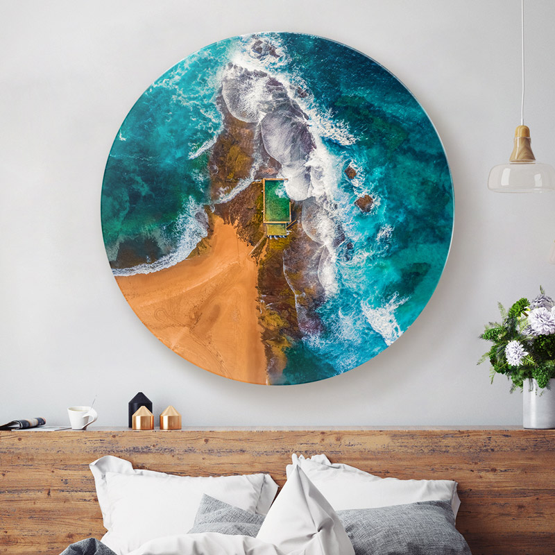 Bedroom decor. ChromaLuxe round metal print of a Mona Vale rockpool.