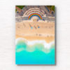 Vibrant 50 metre long rainbow on the promenade curving around the Coogee steps, as swimmers walk along the beach.