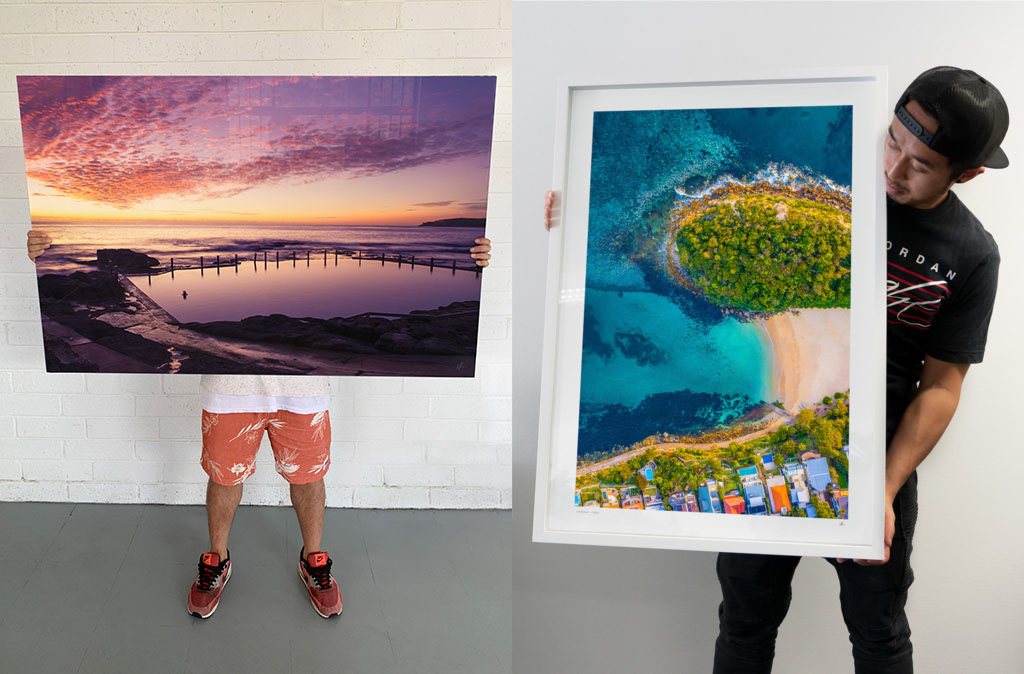 ravel Photography by Allan Chan, Gotthewanderingeye. Holding framed acrylic facemount of Mahon Pool sunrise, and aerial above Shelly Beach Manly.