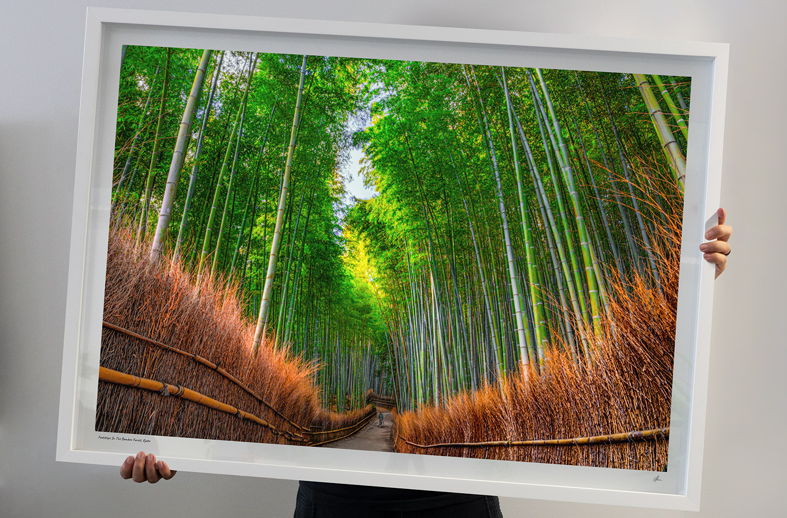 Travel Photography by Allan Chan, Gotthewanderingeye. Holding framed print of woman walking through the Bamboo Forest in Kyoto Japan.