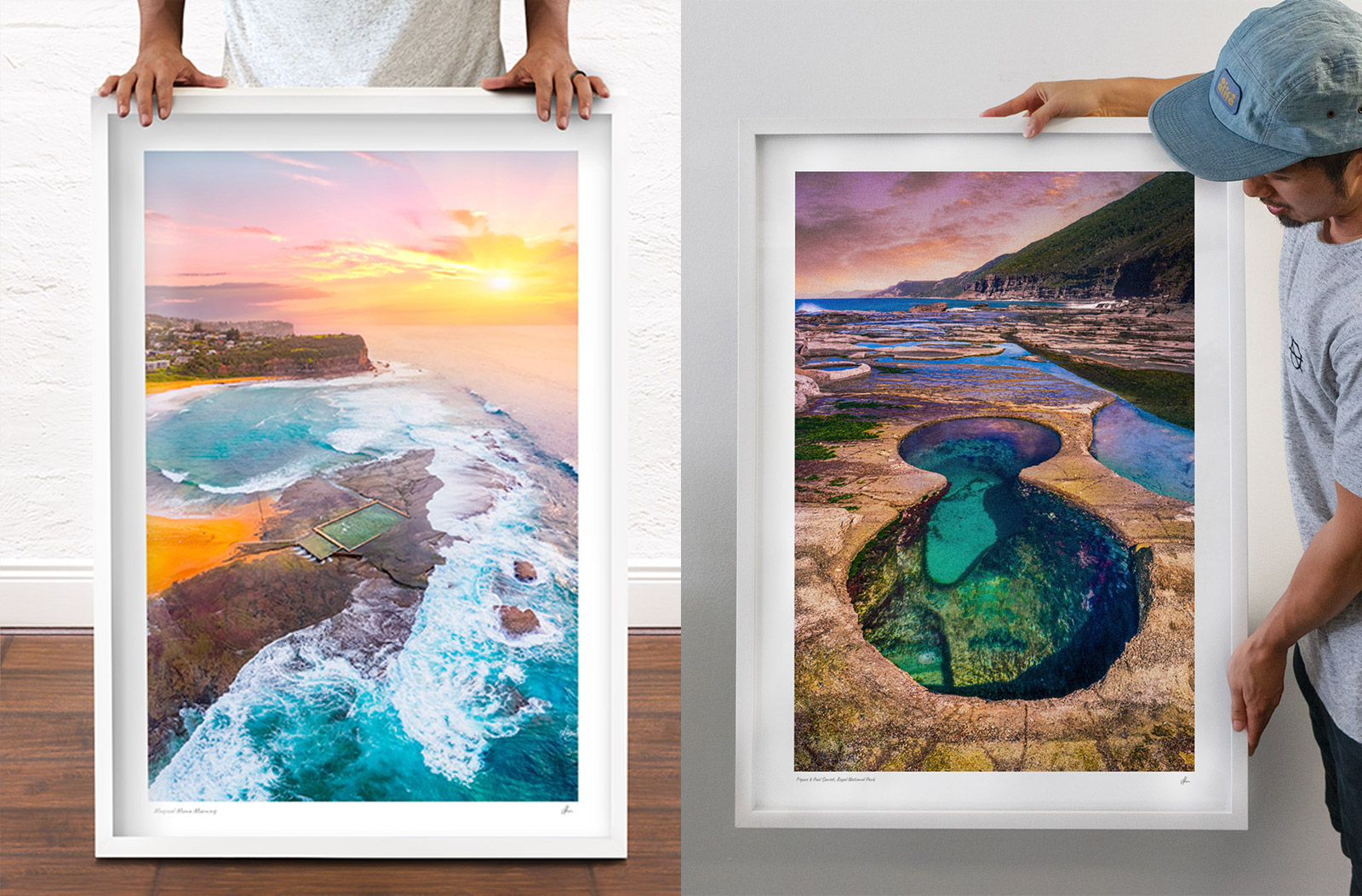 gotthewanderingeye_mona-figure8 Travel Photography by Allan Chan, Gotthewanderingeye. Holding framed print of sunrise at Mona Vale Beach Rockpool and sunset at Figure 8 Pools.