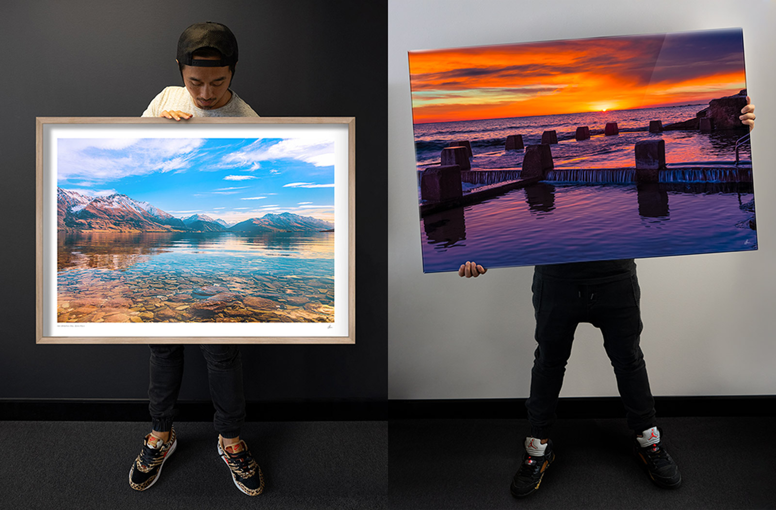 Travel Photography by Allan Chan, Gotthewanderingeye. Holding framed print of a New Zealand landscape and Coogee Beach sunrise.