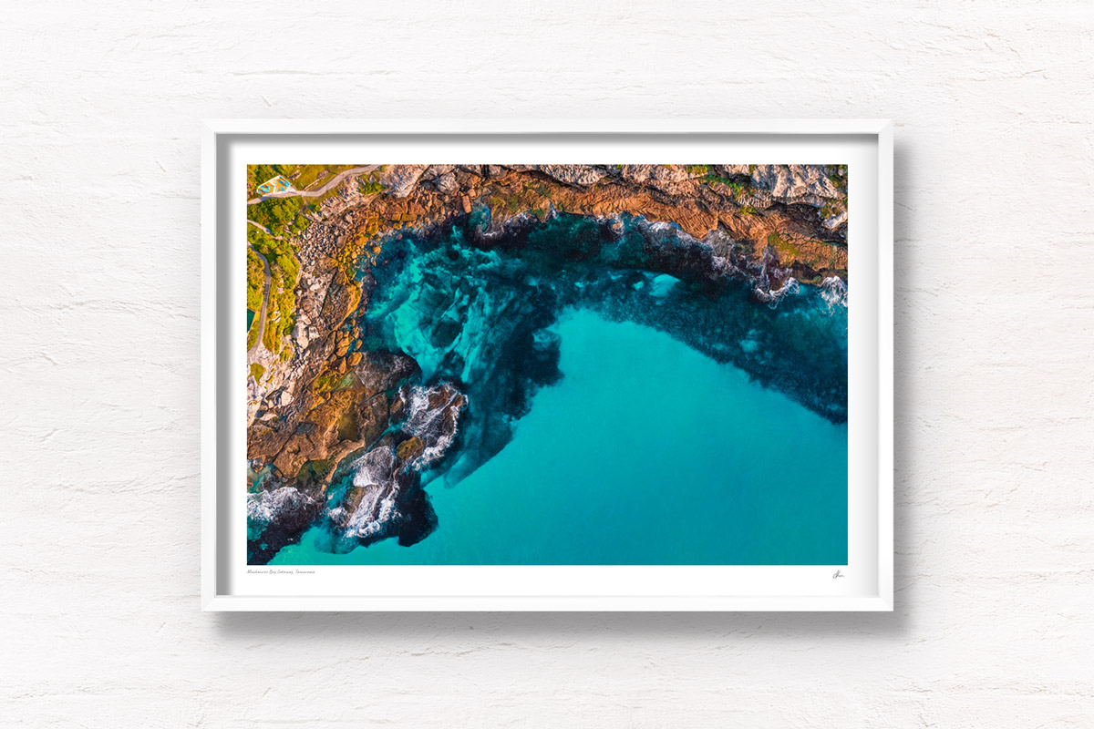 Aerial above Mackenzies Bay Tamarama. Calm, clear turquoise waters in the inlet along the Bondi to Coogee coastal walk. By Allan Chan.