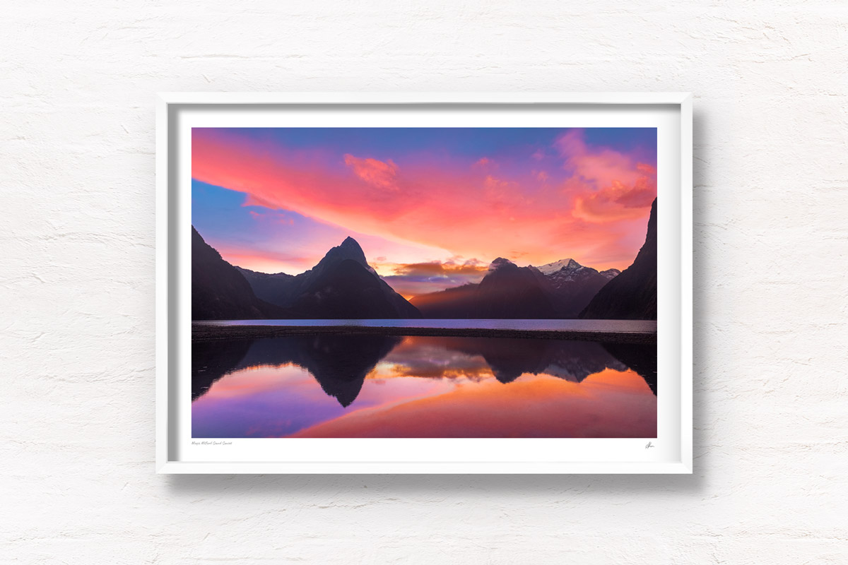 Magic Milford Sound Sunset. Gorgeous pink and purple sky sunset reflecting on water at the 8th wonder of the world.