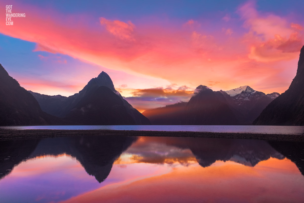 Magic Milford Sound Sunset. Gorgeous pink and purple sky sunset reflecting on water at the 8th wonder of the world.