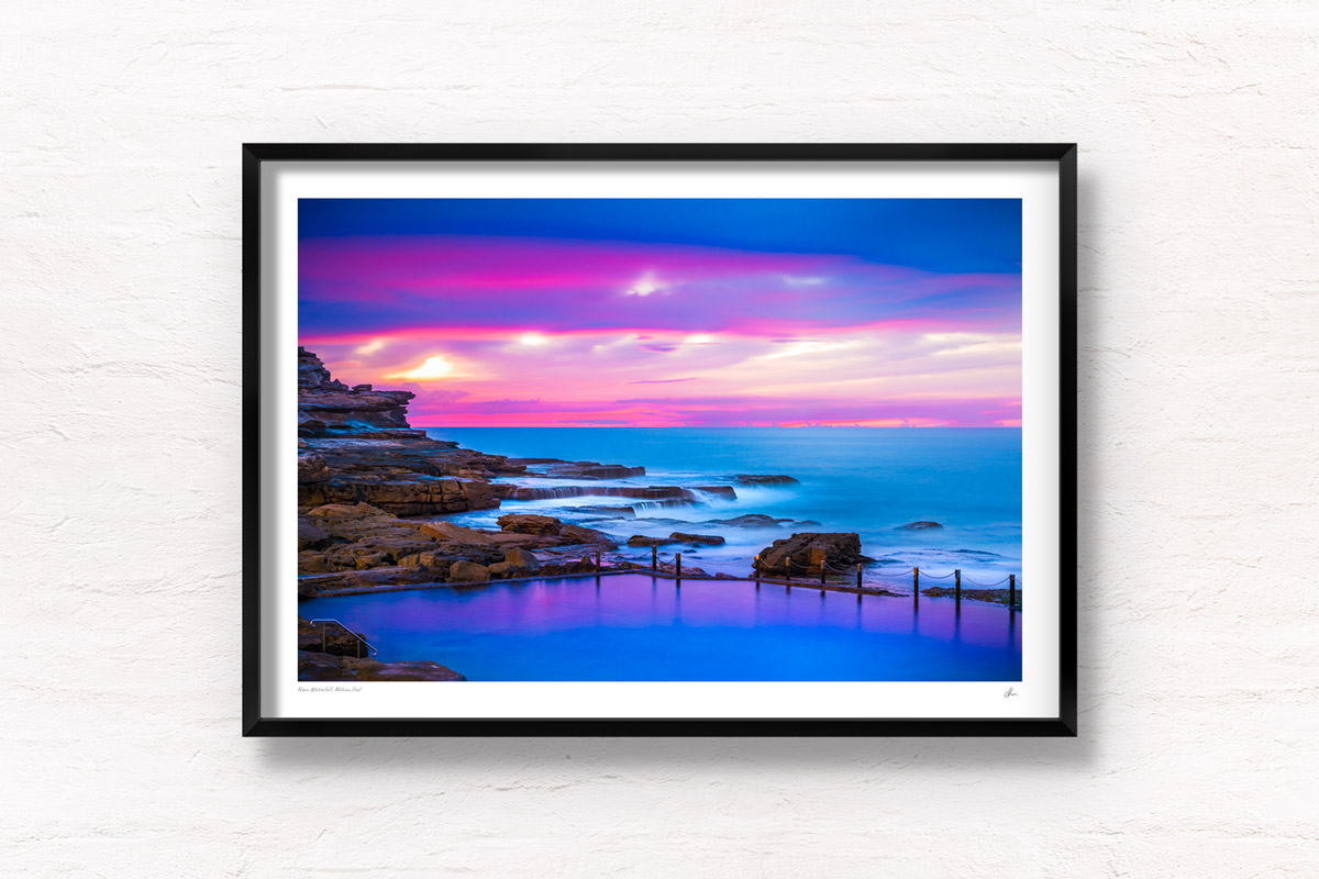 Neon purple and blue Mahon Pool Sunrise Glow at Maroubra.