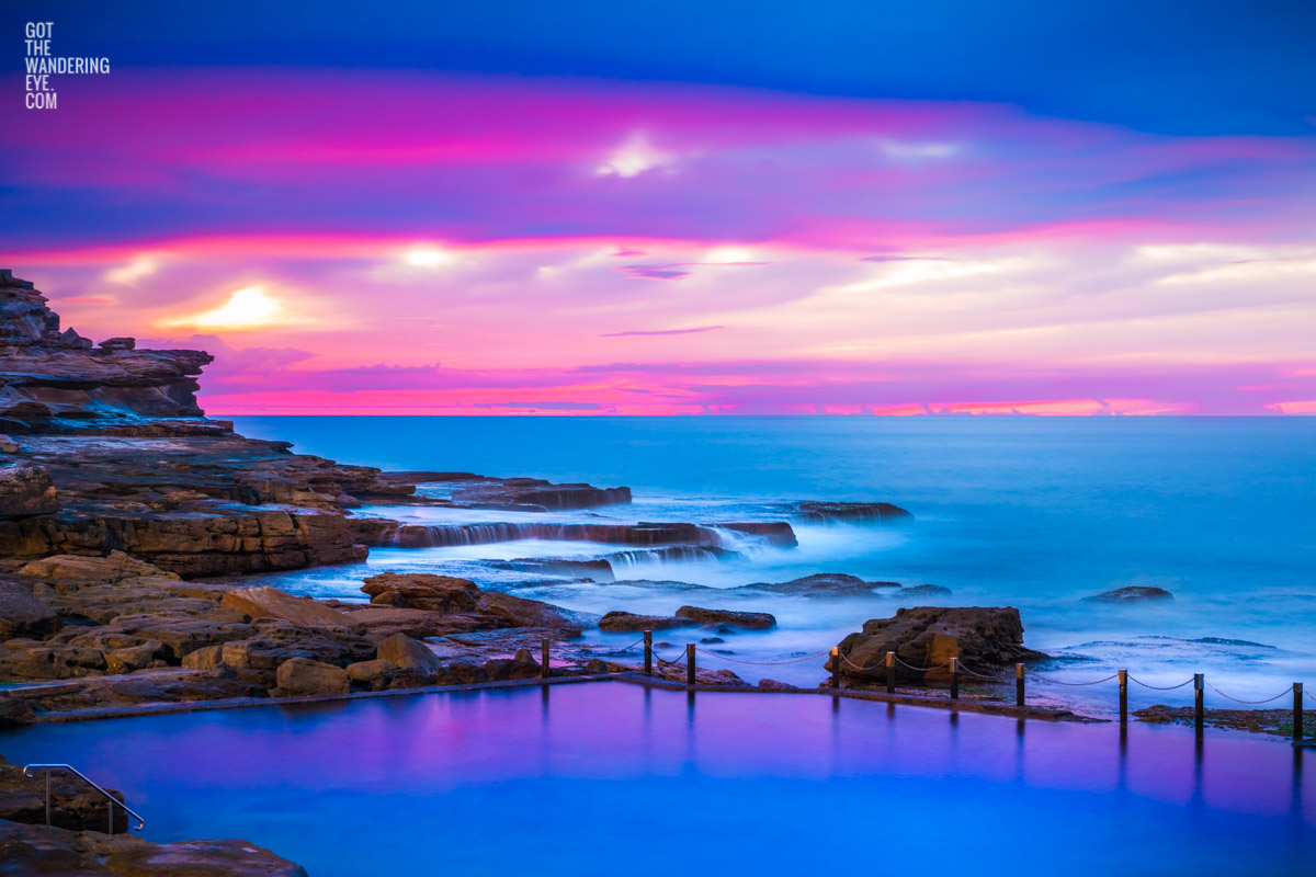 Neon purple and blue Mahon Pool Sunrise Glow at Maroubra.