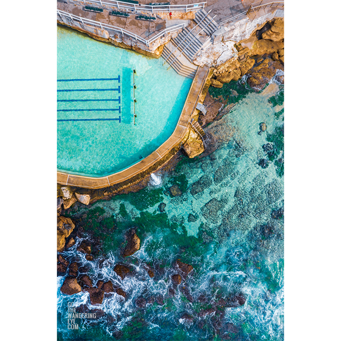 Bronte Baths Ocean Pool aerial. Crystal clear and one of Sydneys most iconic ocean rock pools.