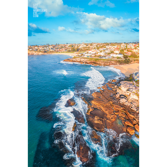 Tamarama to Bronte aerial above the coastal walk along the coast of the eastern suburbs of Sydney.