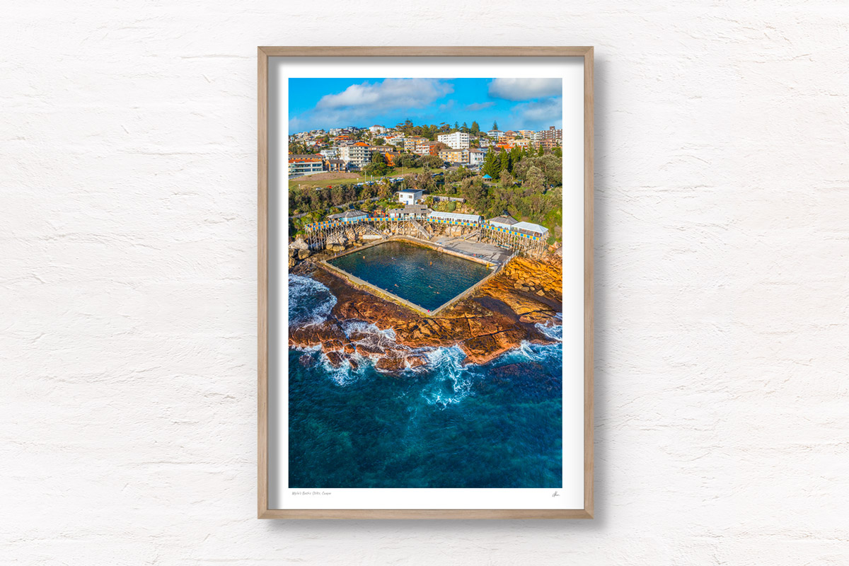 Aerial view of Wylies Baths Coogee ocean rock pool. Heritage-listed tidal swimming pool located near Coogee Beach by Allan Chan.