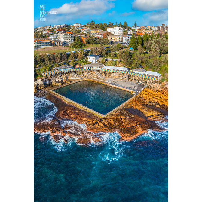 Aerial view of Wylies Baths Coogee ocean rock pool. Heritage-listed tidal swimming pool located near Coogee Beach by Allan Chan.