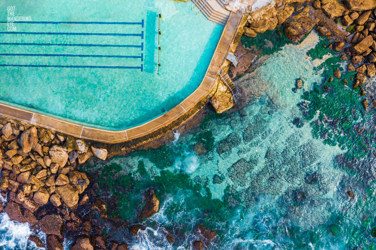 Bronte Baths Aerial View. Crystal clear water on one of Sydney’s most iconic swimming spots. A must visit during Summer.