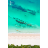Aerial view above the teal coloured ocean and pure white sand of Hyams beach in Jervis Bay in Summer.