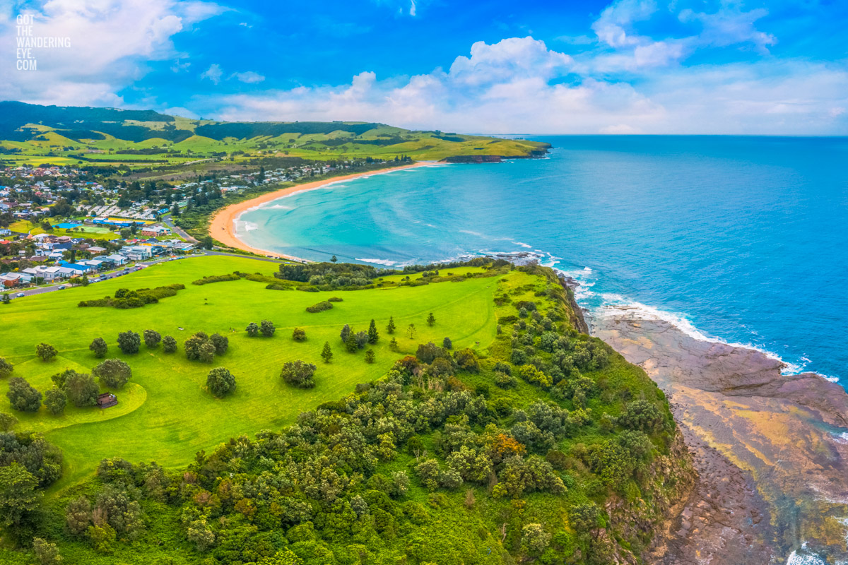 Aerial view above the Gerringong Whale Watching platform with Werri Beach in the background, NSW South Coast.
